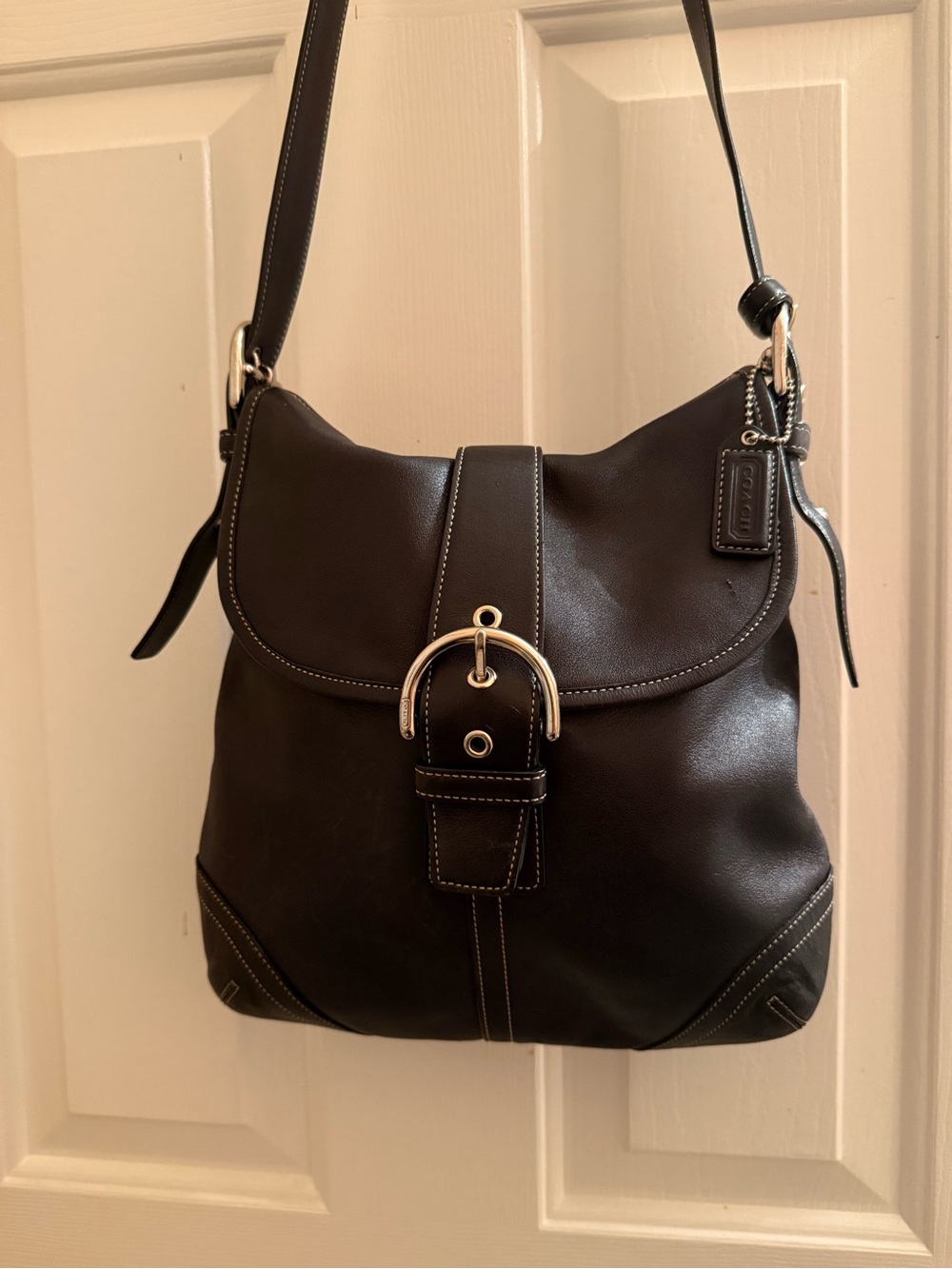 Coach Black Leather Shoulder Bag with Silver Buckle